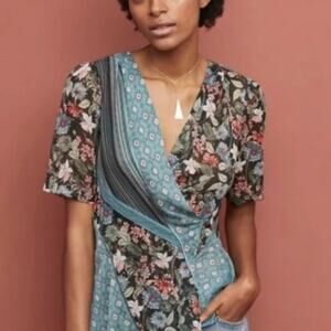 Anthropologie Tiny Floral Blouse Size XS Sheer Patchwork Wrap